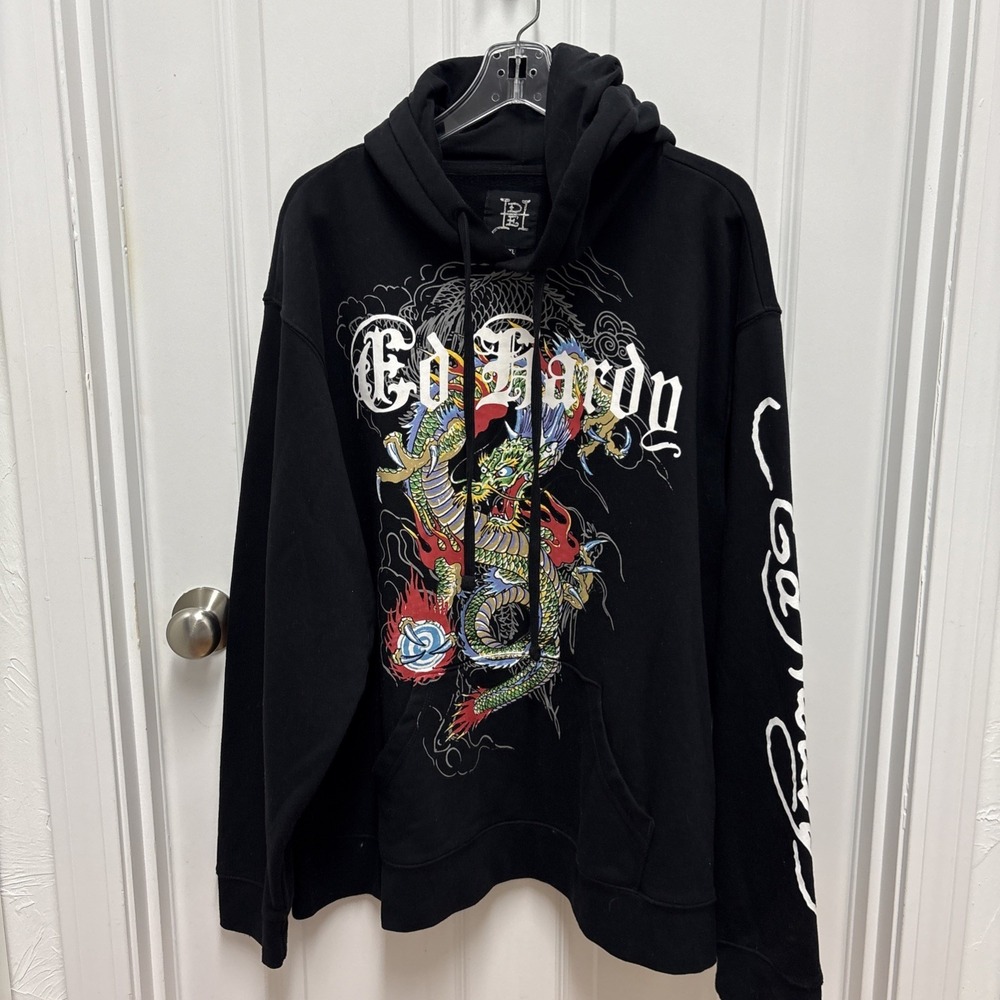Ed Hardy Dragon Tattoo Graphic Print Hoodie‎ Pullover Sweatshirt Men's XXL